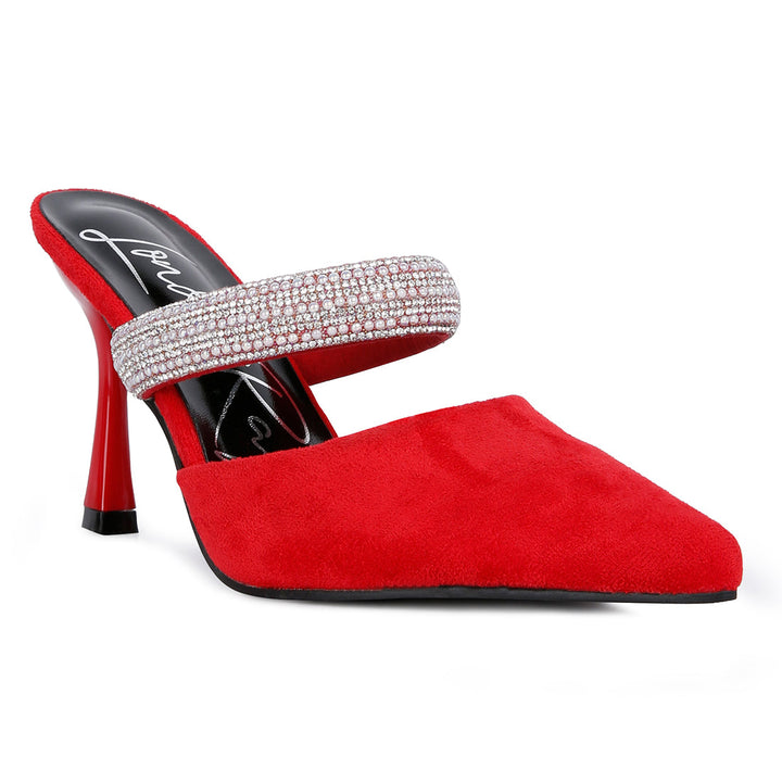 Red Diamante Strap Heeled Mules