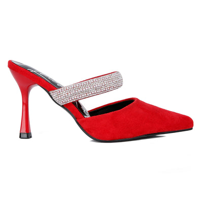Red Diamante Strap Heeled Mules