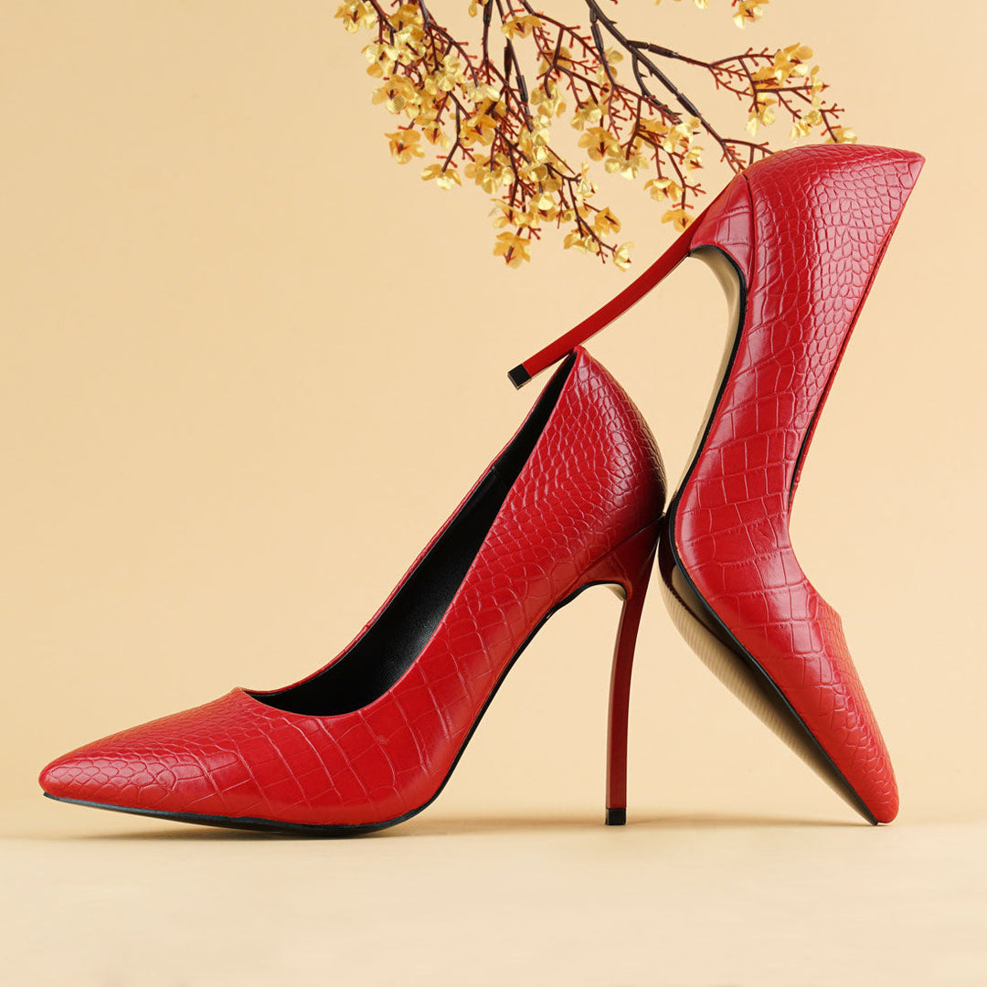 croc patterened high heeled pumps#color_red