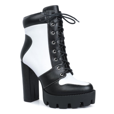 moos cow printed lace up block heel boots#color_black