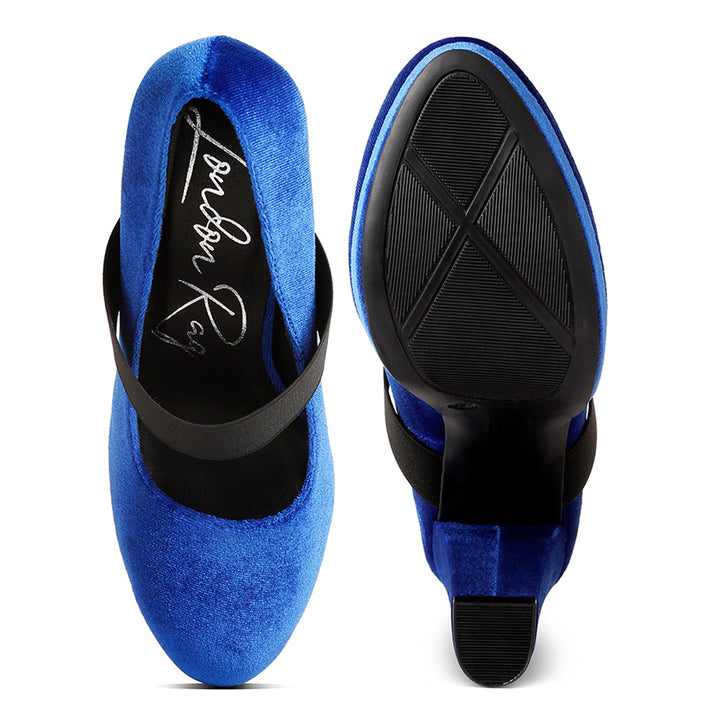 high block heel velvet pumps#color_blue