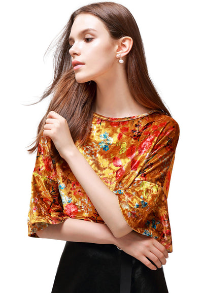 Shiny Velvet Floral Top With Bell Sleeves - Gold