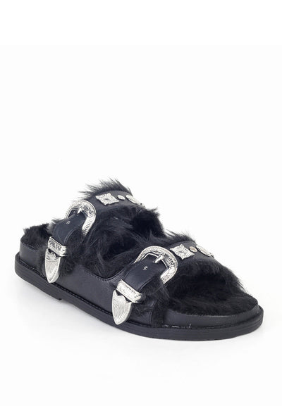 Black Fur-lined Sandals - Black
