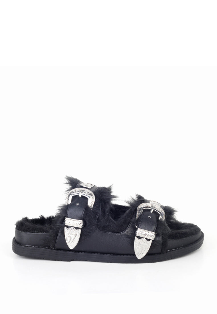 Black Fur-lined Sandals - Black