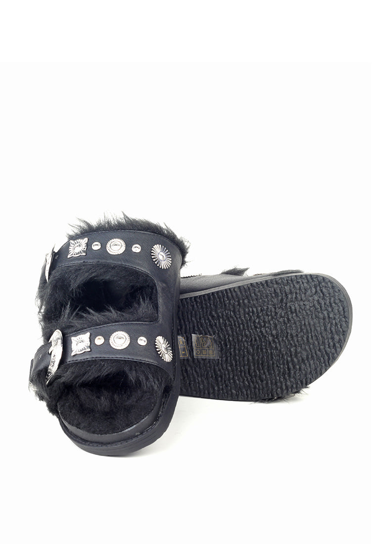 Black Fur-lined Sandals - Black