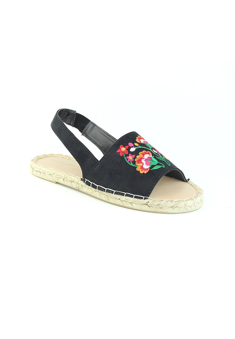 Black Flat Embroidered Espadrilles - Black