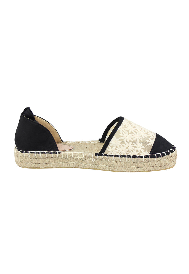 Black Flat Fabric Sandals - White