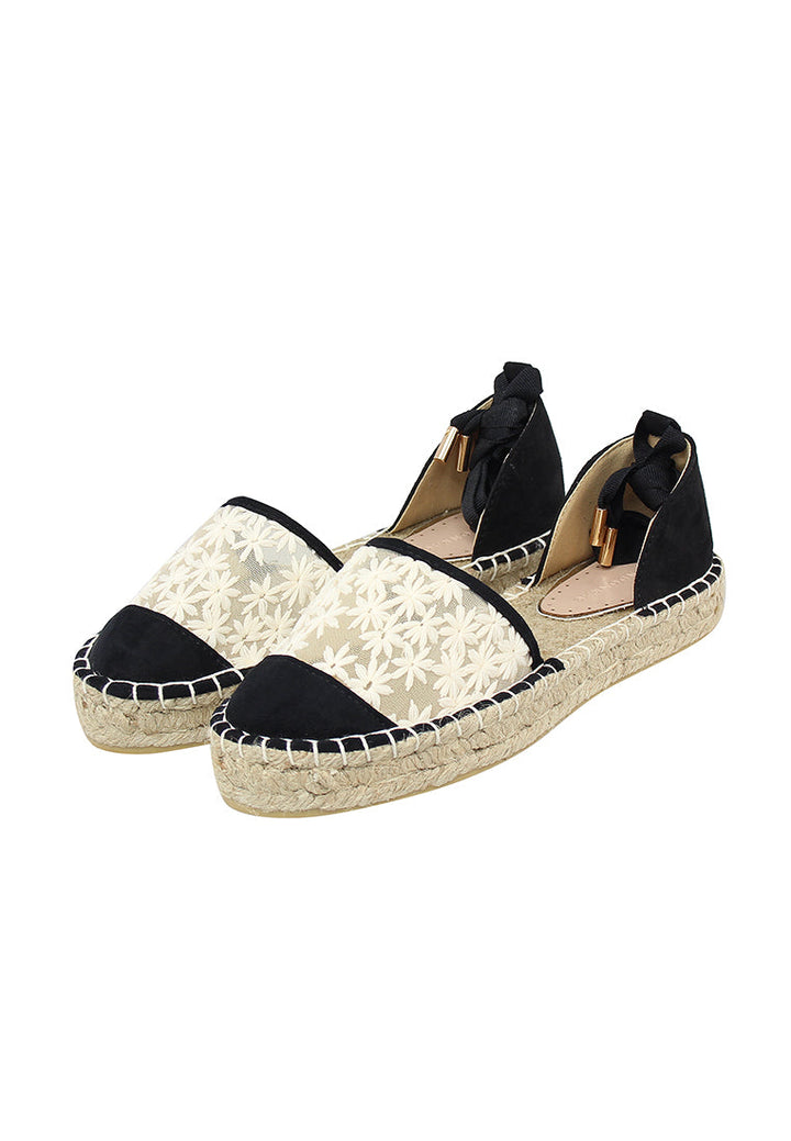 Black Flat Fabric Sandals - White