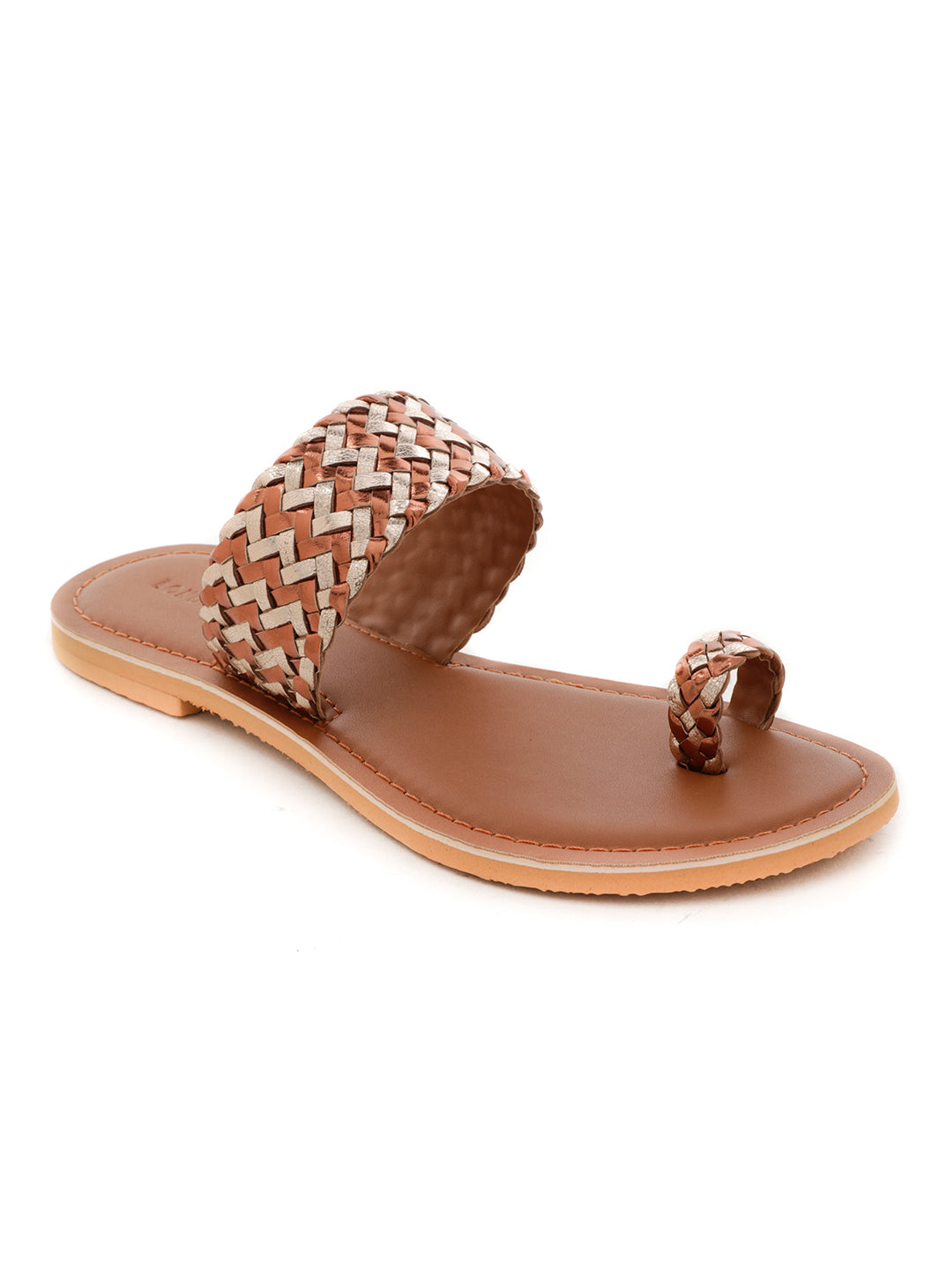 Bronze Gold Metallic Weaved One Toe Sandal - Brown