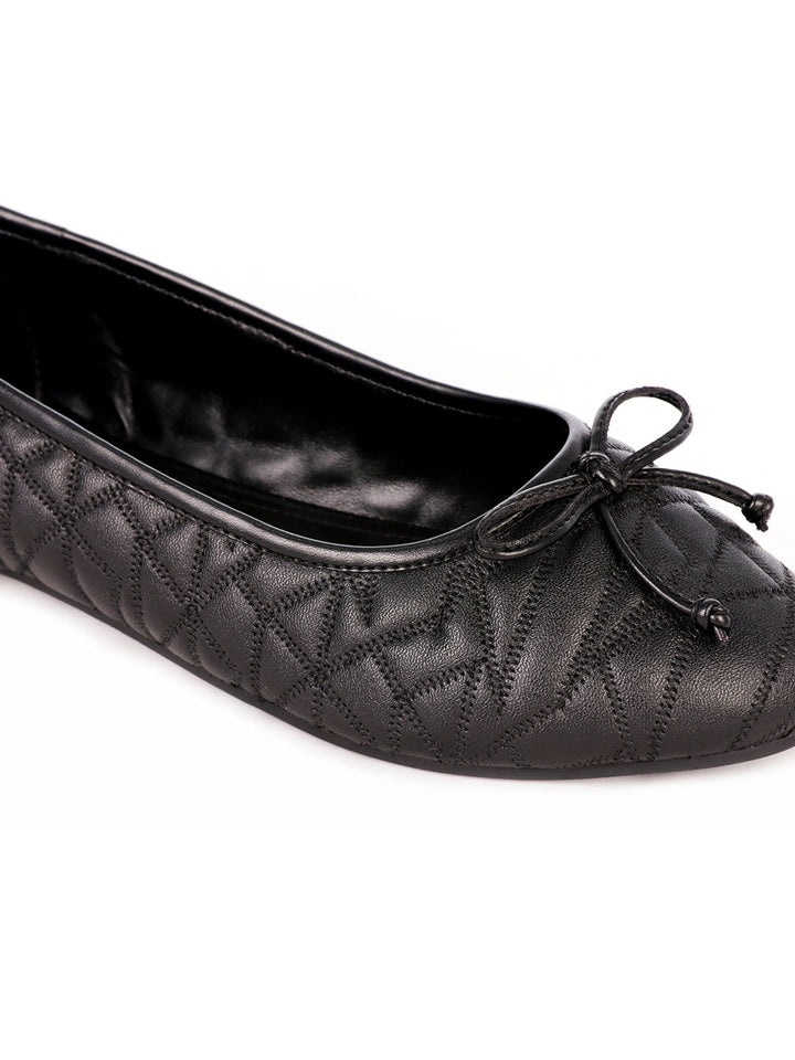 Stitched Textured Black Ballerinas - Black
