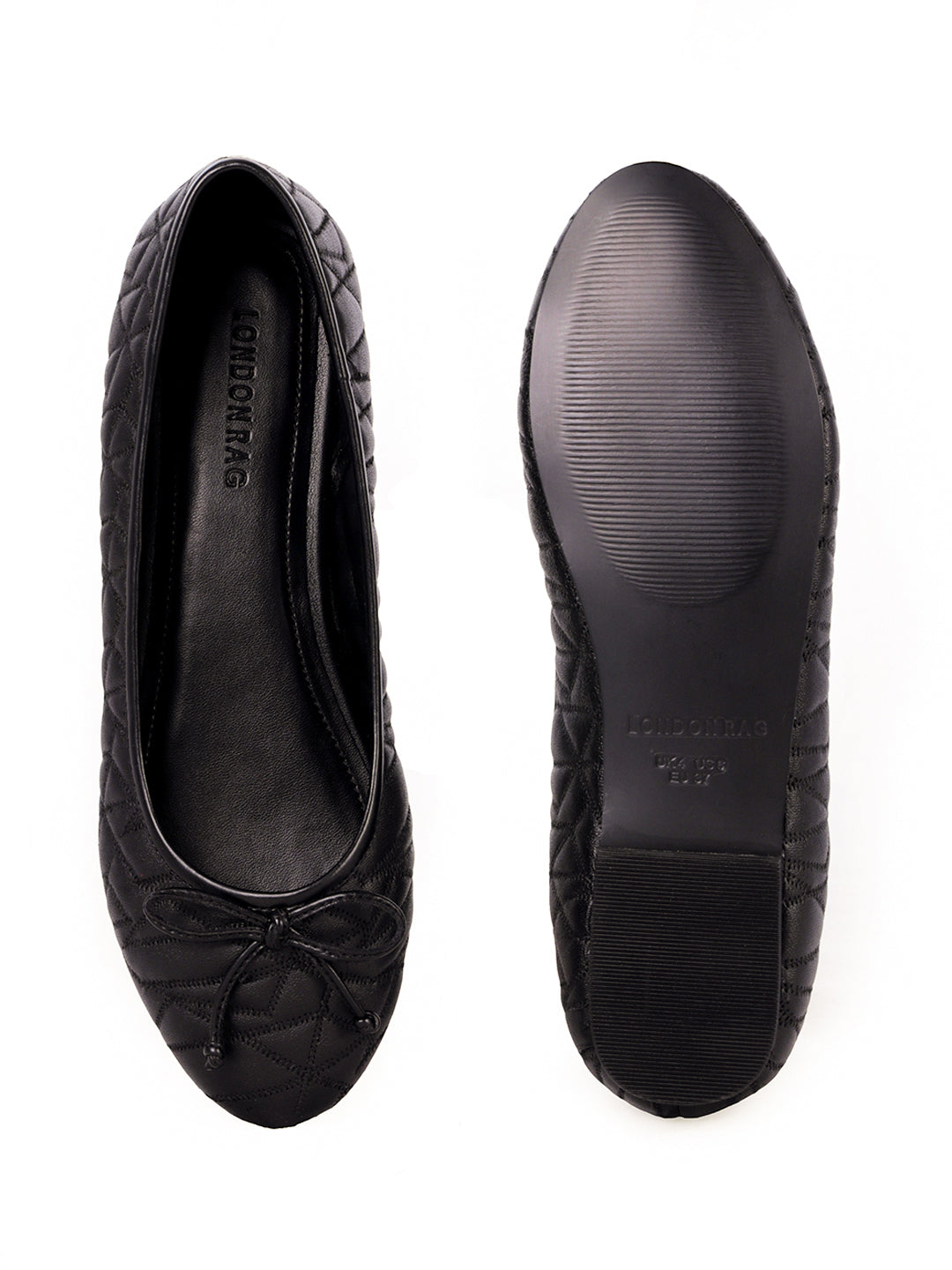 Stitched Textured Black Ballerinas - Black
