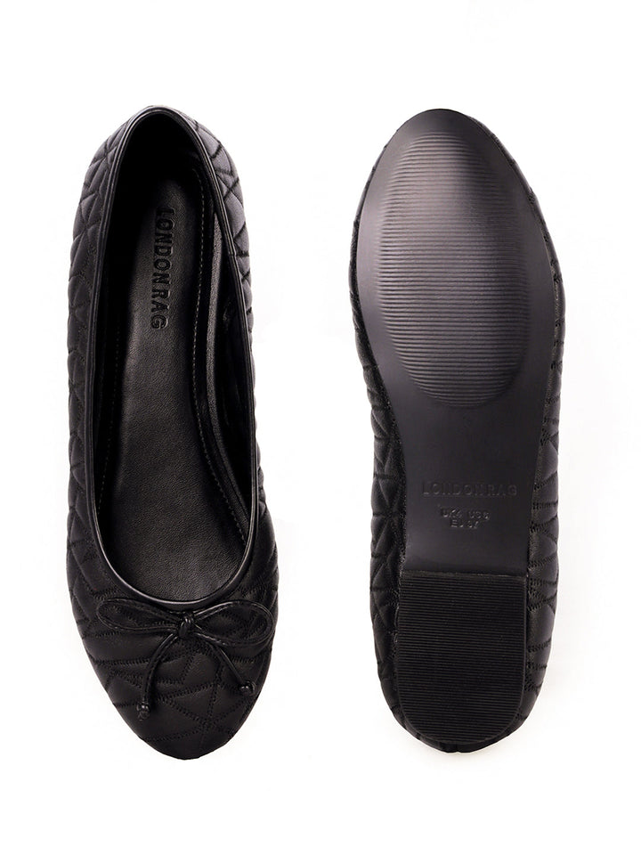 Stitched Textured Black Ballerinas - Black