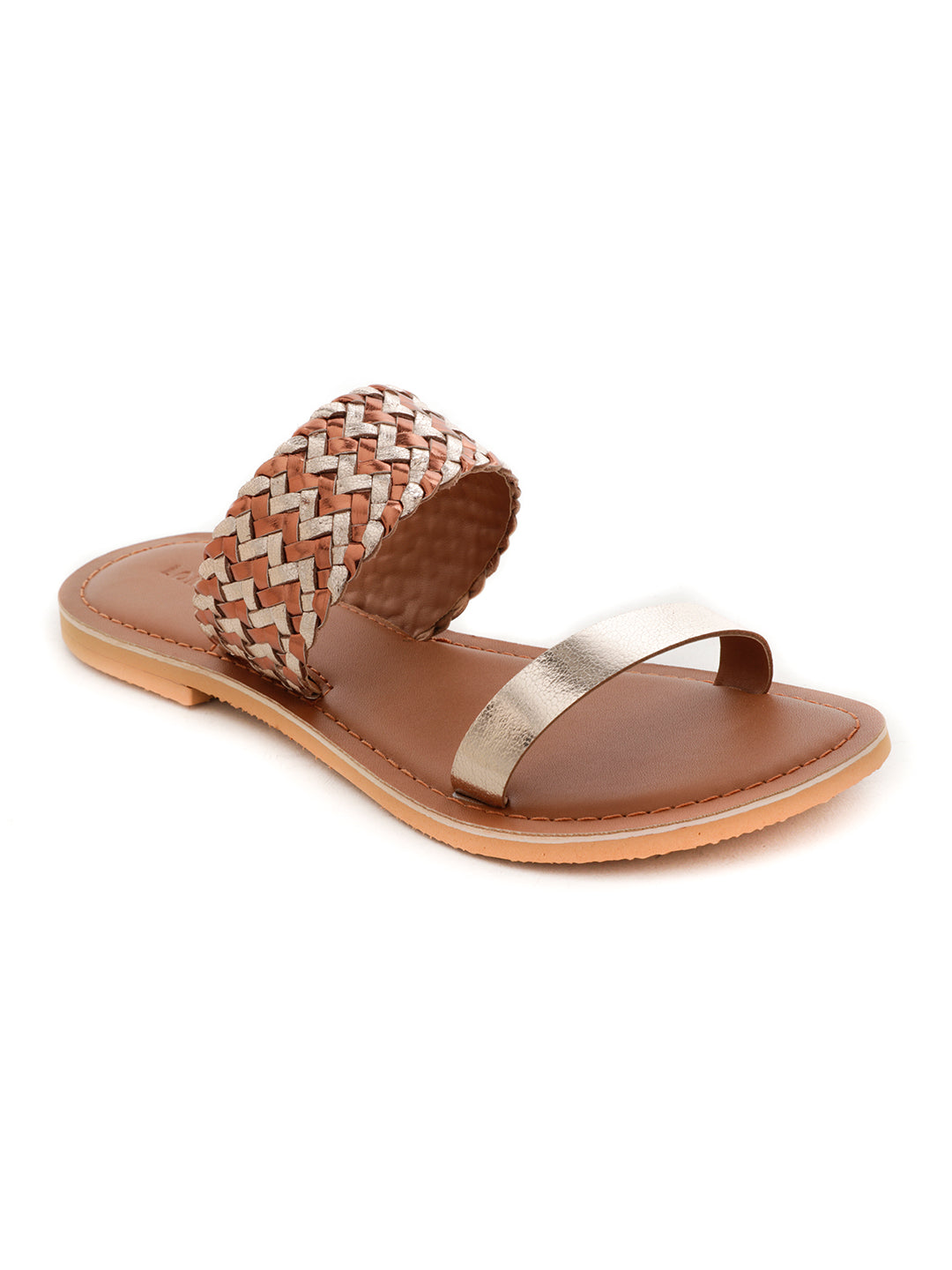 Bronze Gold Metallic Weaved Strap Sandal - Brown
