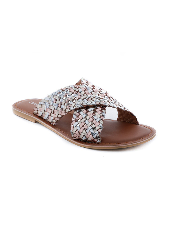 Gold Silver Metallic Weaved Cross Strap Sandal - Gold