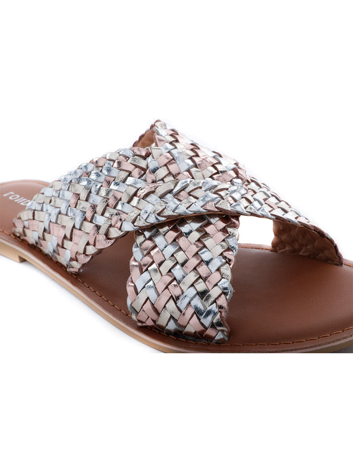 Gold Silver Metallic Weaved Cross Strap Sandal - Gold