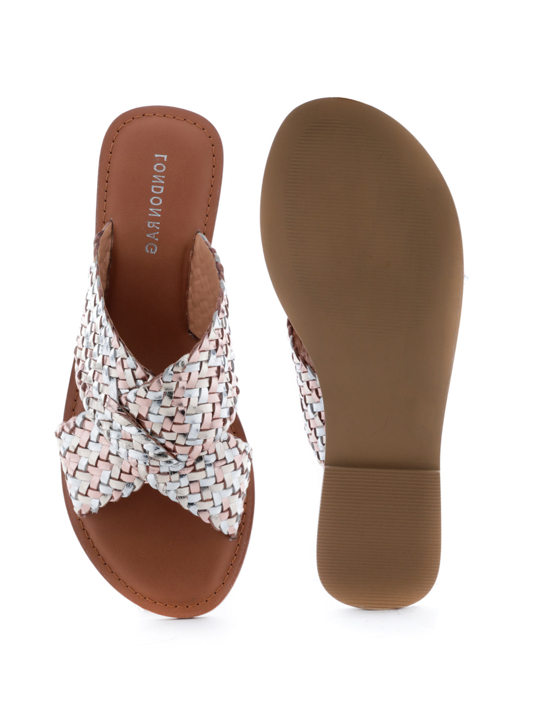 Gold Silver Metallic Weaved Cross Strap Sandal - Gold