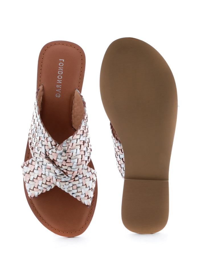 Gold Silver Metallic Weaved Cross Strap Sandal - Gold