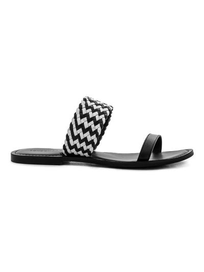 Black White Weaved Strap Sandal - Black