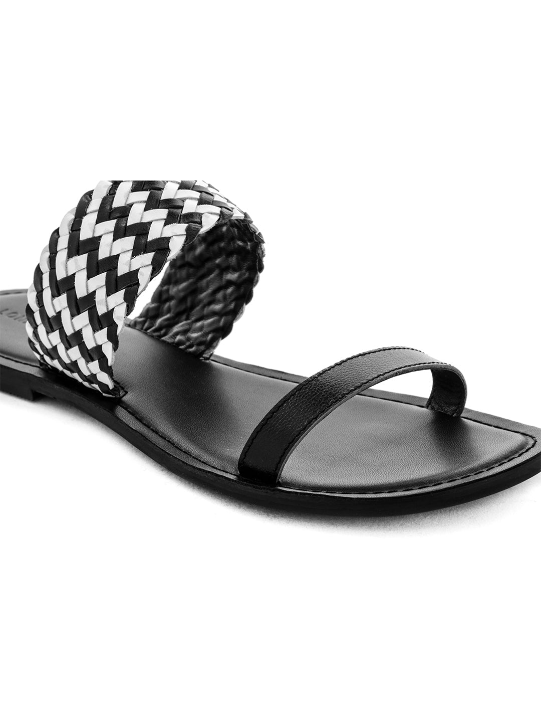 Black White Weaved Strap Sandal - Black