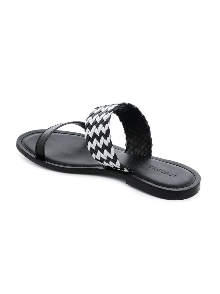 Black White Weaved Strap Sandal - Black