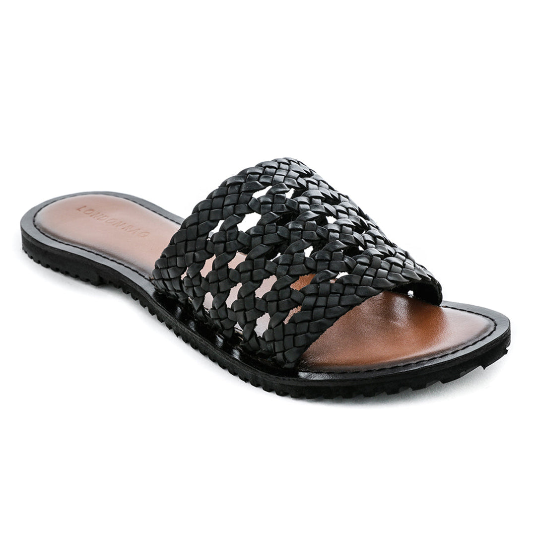 Black Woven Open Toe Flats - Black