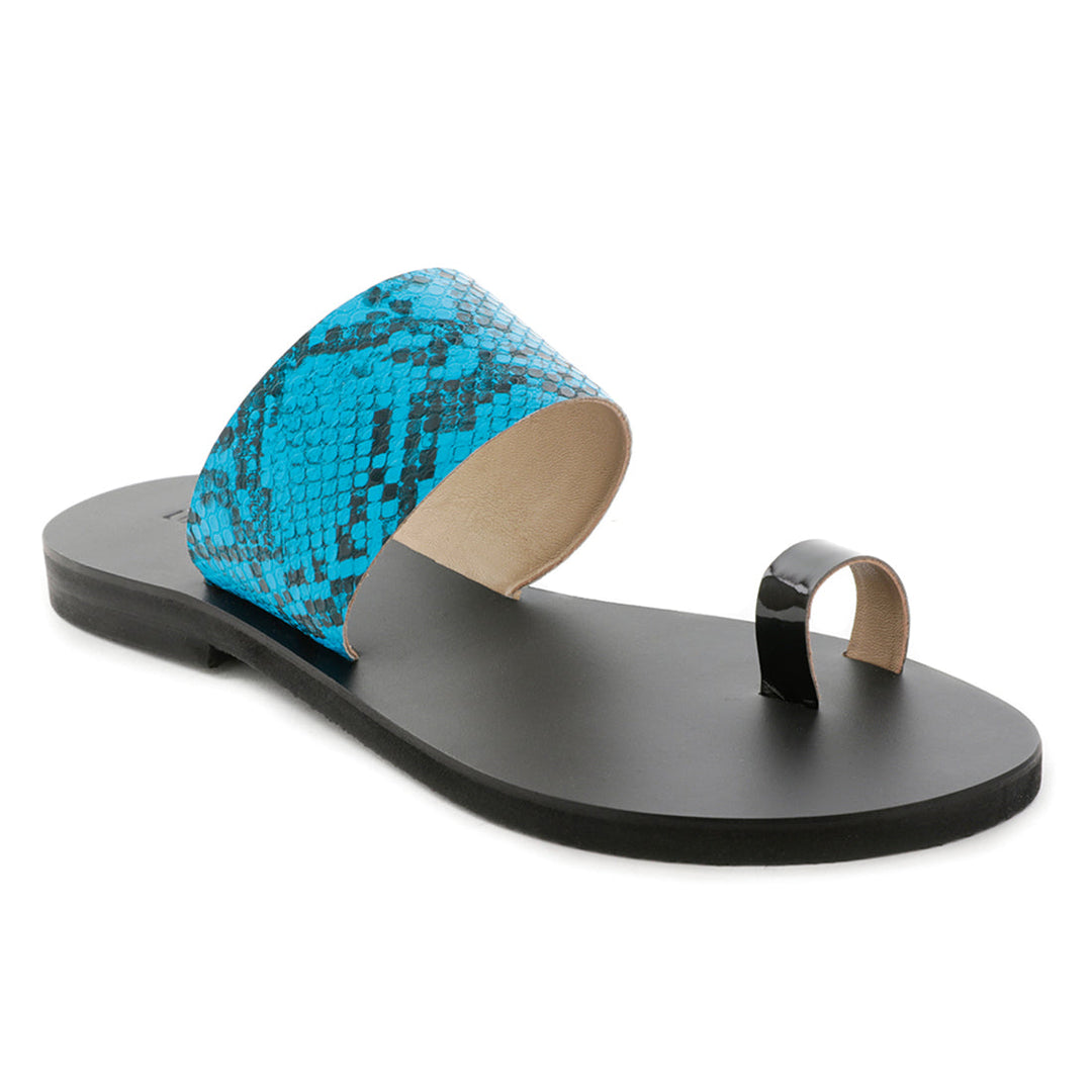 Blue Snake Print Toe Ring Flat Sandals - Blue