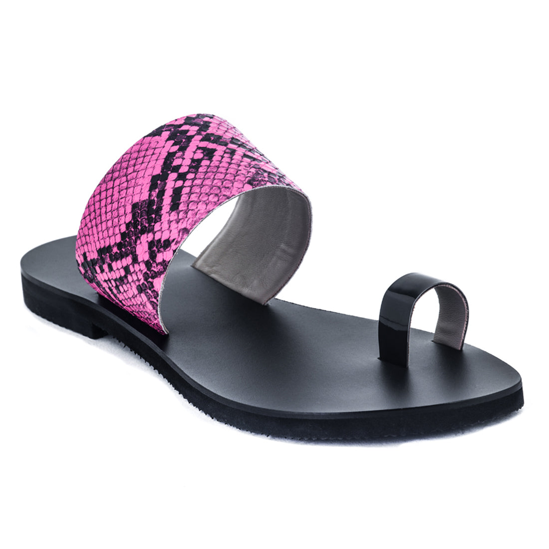 Pink Snake Print Toe Ring Flat Sandals - Pink