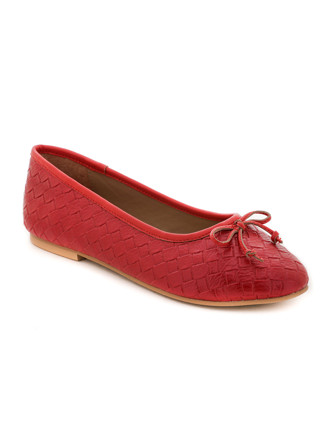 Weave Embossed Red Ballerinas with Bow - Red