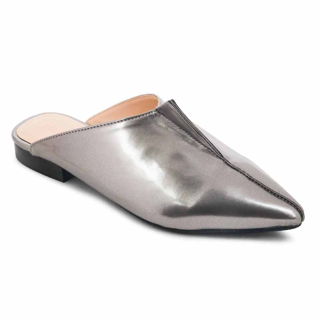 Pewter Patent Mules - Silver