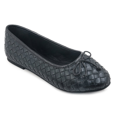 Weave Embossed Black Ballerinas with Bow