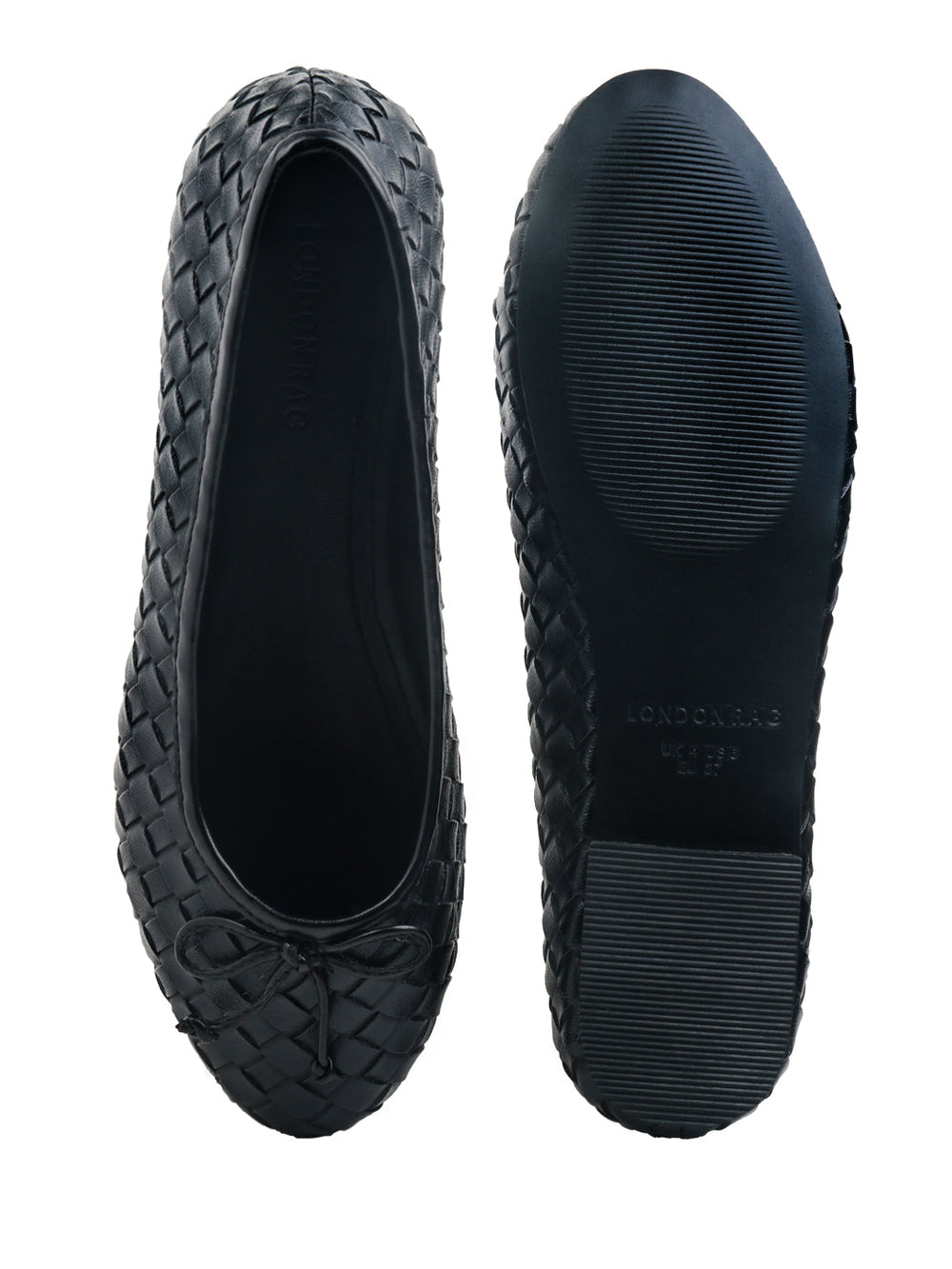 Weave Embossed Black Ballerinas with Bow - Black