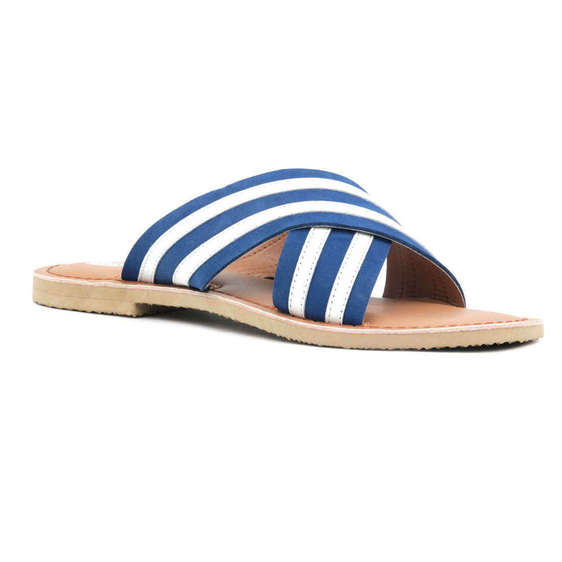 Blue & White Striped Slip-on Flat Sandal - Blue