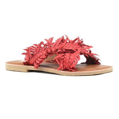 Origami Style Red Cross Strap Flat Sandals - Red