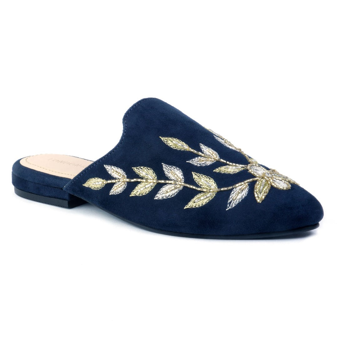 Navy Leaf Embroidered Suede Mules - Navy