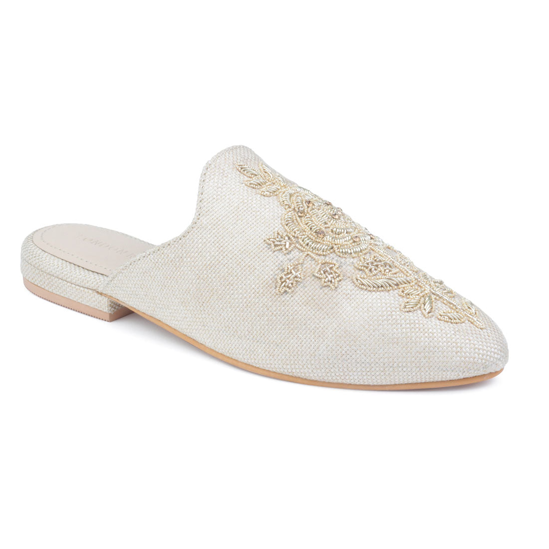 Beige Embroidered Patch Mules - Beige