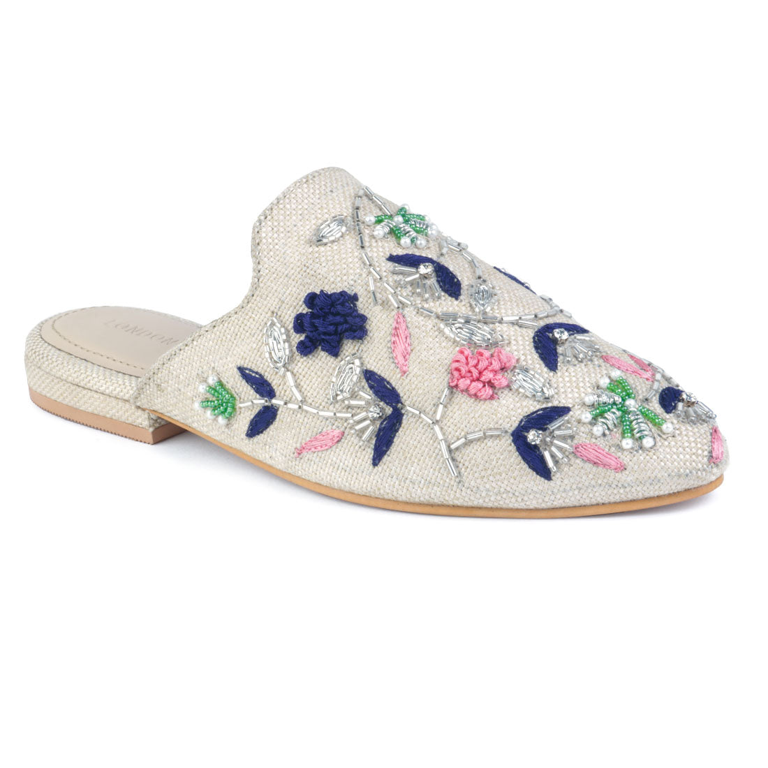 Beige Floral Embroidered Mules - Beige