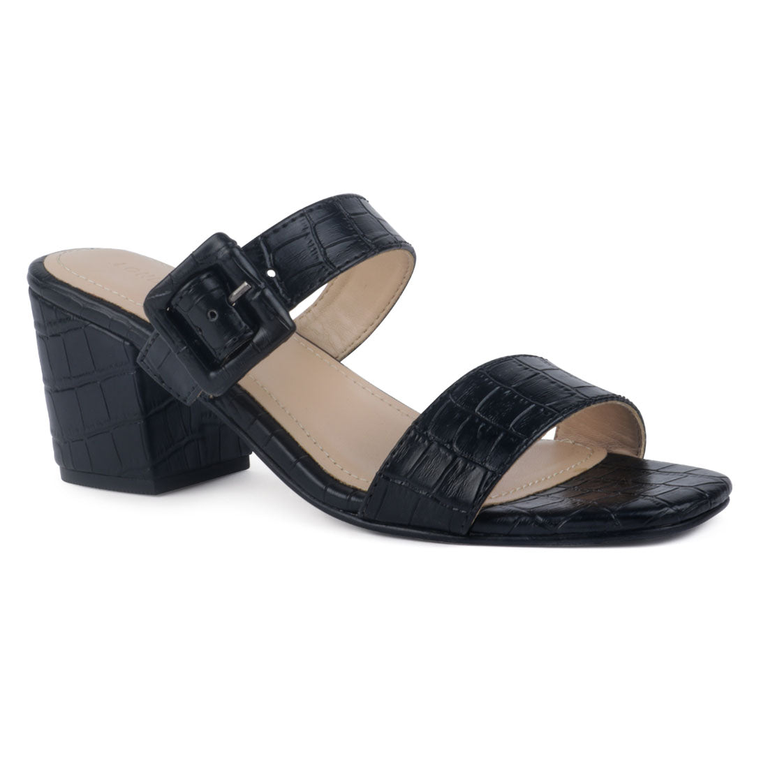 Black Croco Block Heel Sandal - Black