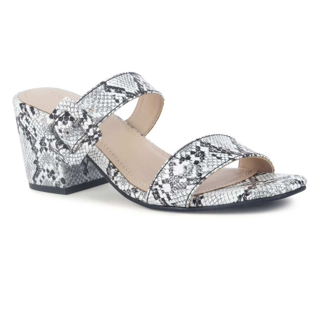 Black White Printed Block Heel Sandal - White