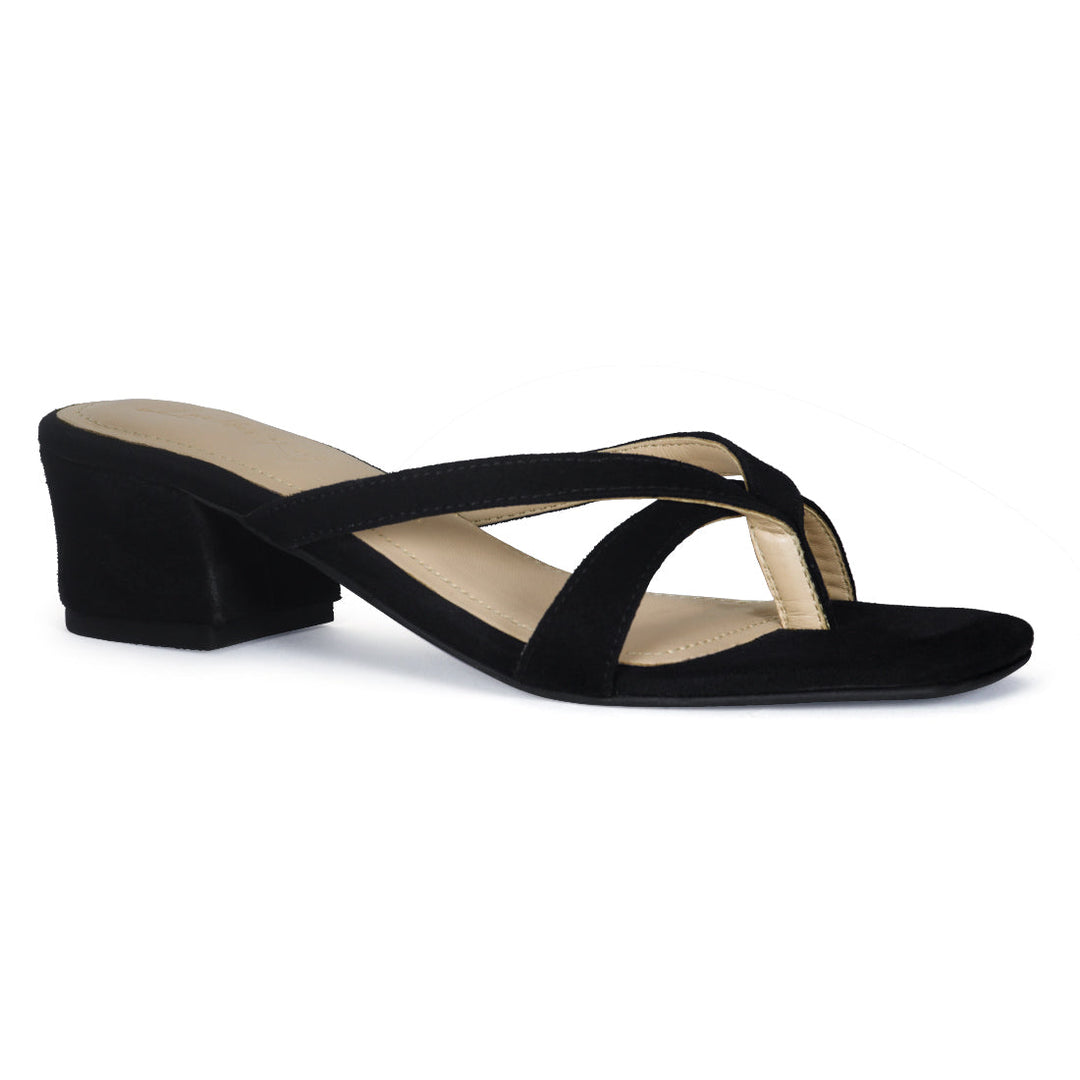 Block Heeled Slides in Black - Black
