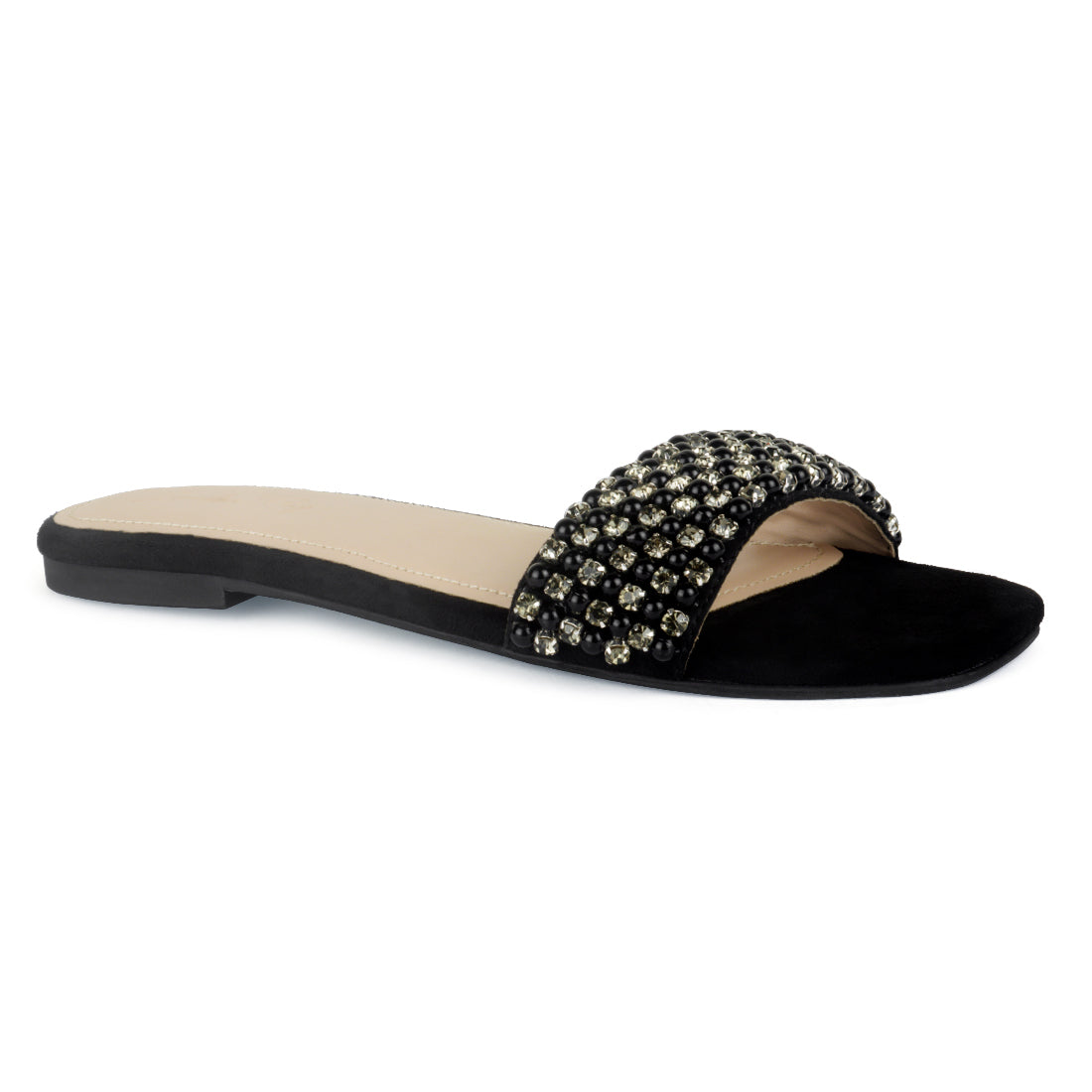 Flat Slides with Beaded Straps in Black - Black
