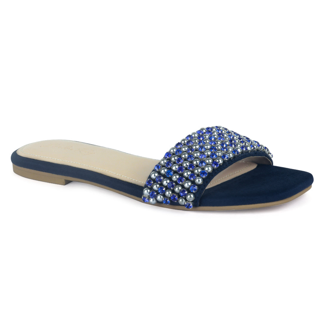 Flat Slides with Beaded Straps in Navy - Navy