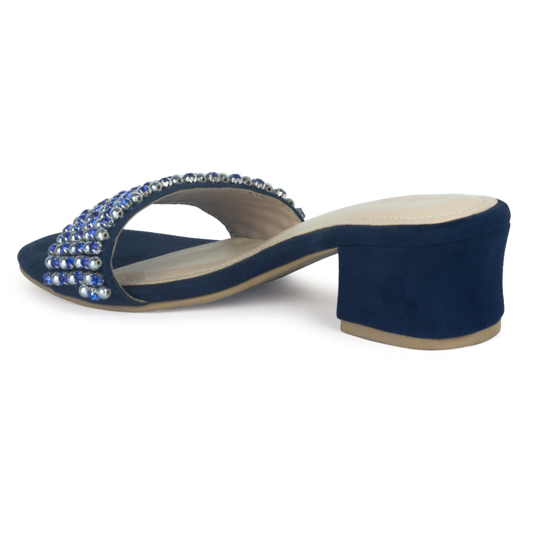 Block Heel Slides with Beaded Straps - Navy