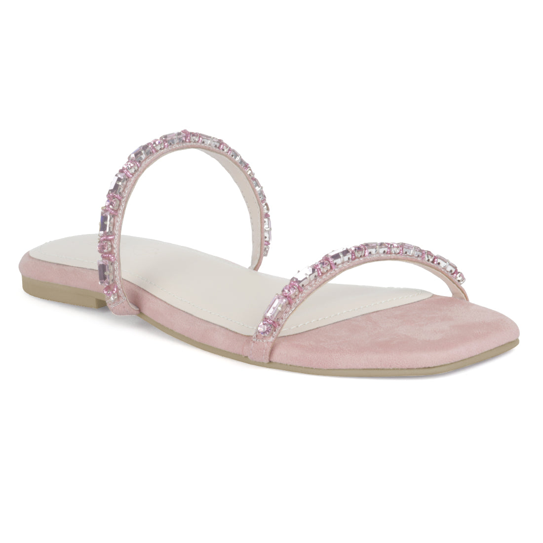 Embellished Flat Slides in Blush - Pink