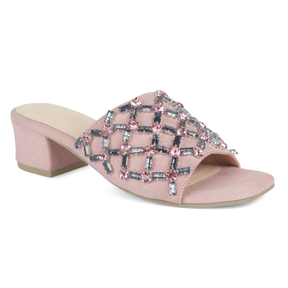 Embellished Block Heel Slides - Blush