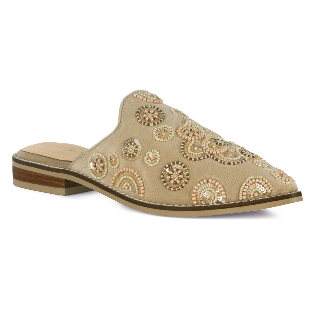 HANDCRAFTED EMBROIDERED VELVET MULES IN BEIGE - Beige