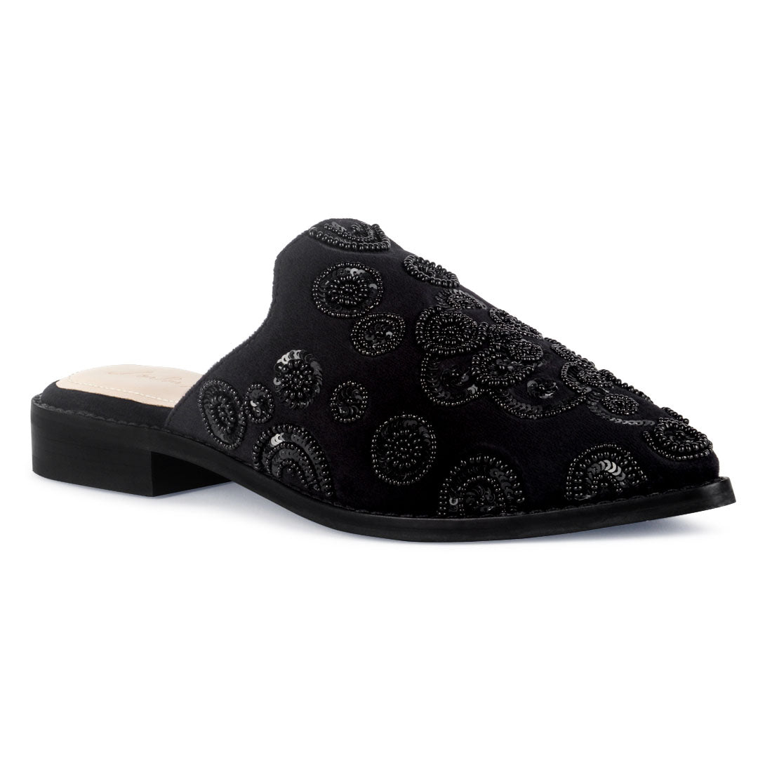 Handcrafted Embroidered Velvet Mules In Black