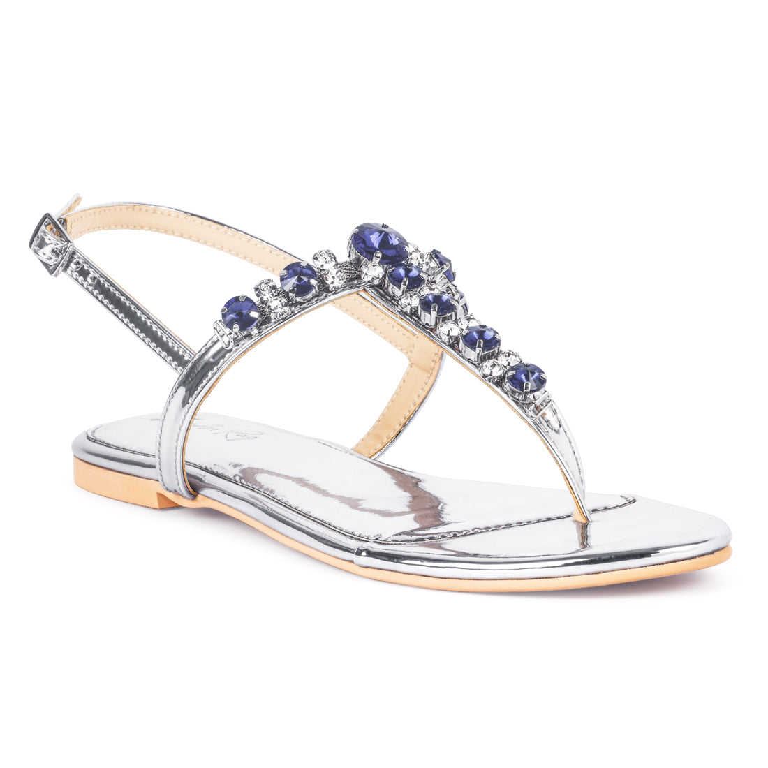 Embellished Jewel Thong Flats in Silver - Silver