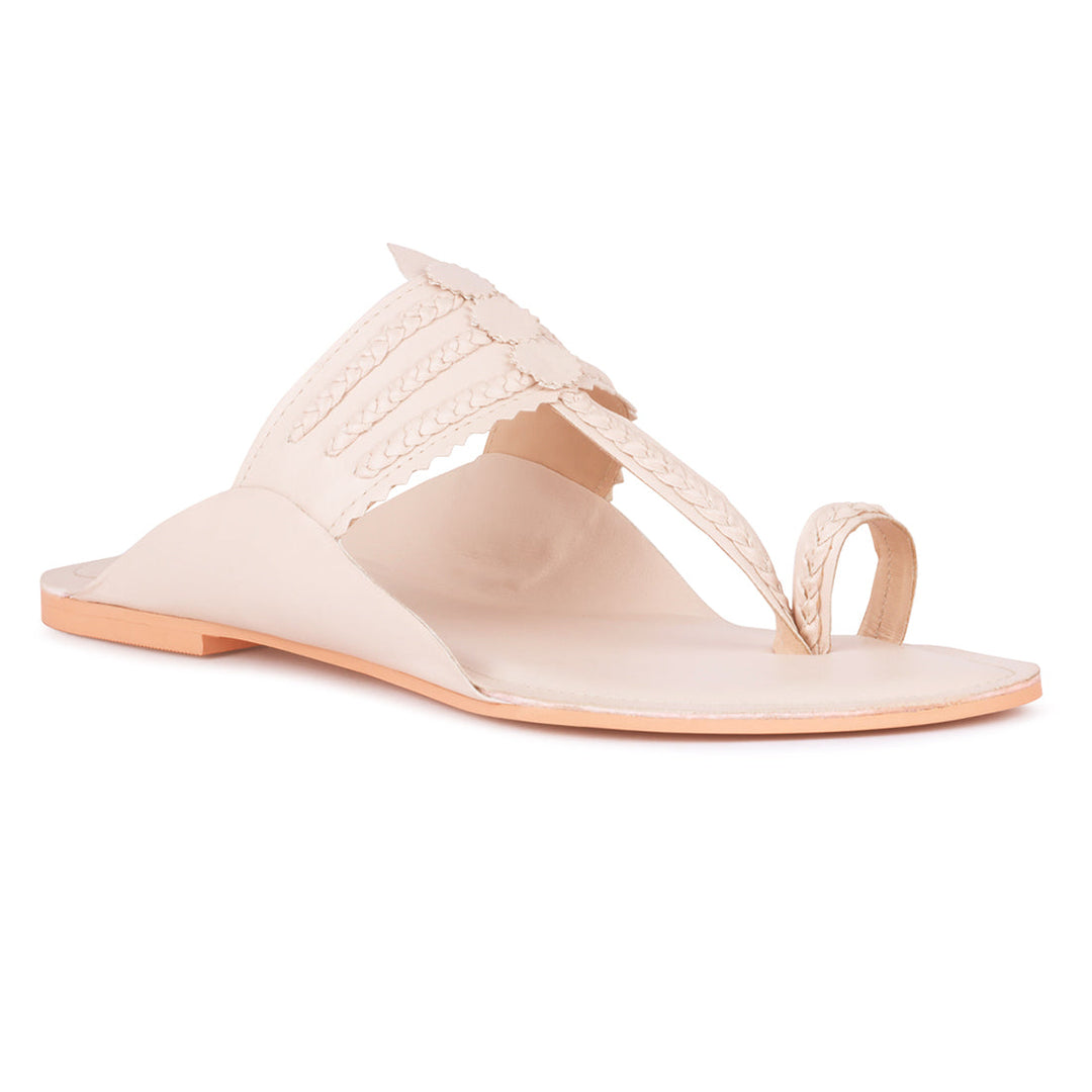Handcrafted Beige Cut Work Kolhapuri Flats - Beige