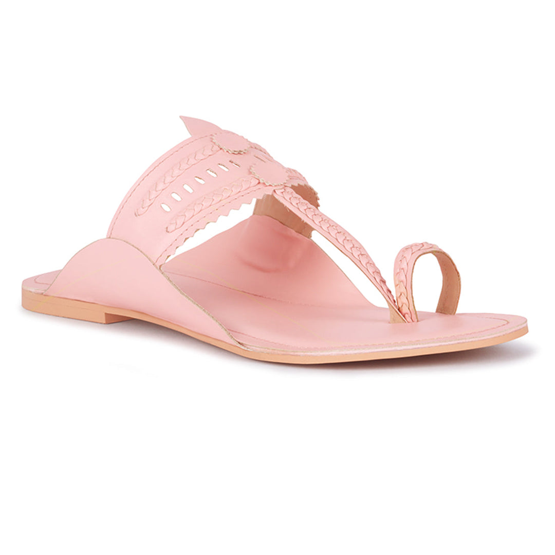 Handcrafted Pink Cut Work Kolhapuri Flats - Pink