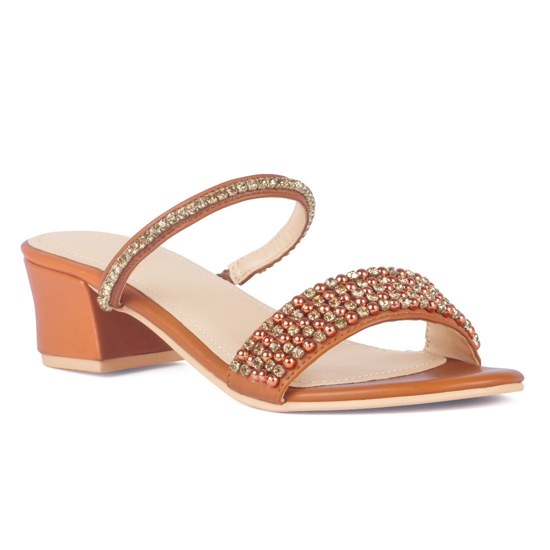 Handcrafted Embellished Sandals in Tan - Tan